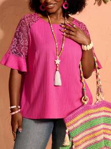 BrightlyHer Plus Size Women's Round Neck Lace Casual Versatile Everyday Outing Blouse Fall - Hot Pink - View 8
