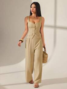 SHEIN PETITE Women's Linen-Blend Two-Piece Set – Buttoned Vest Top Wide-Leg Pants Solid Color Single-Breasted And Summer Spring Valentine's Day Party Office Beige - Beige - View 3