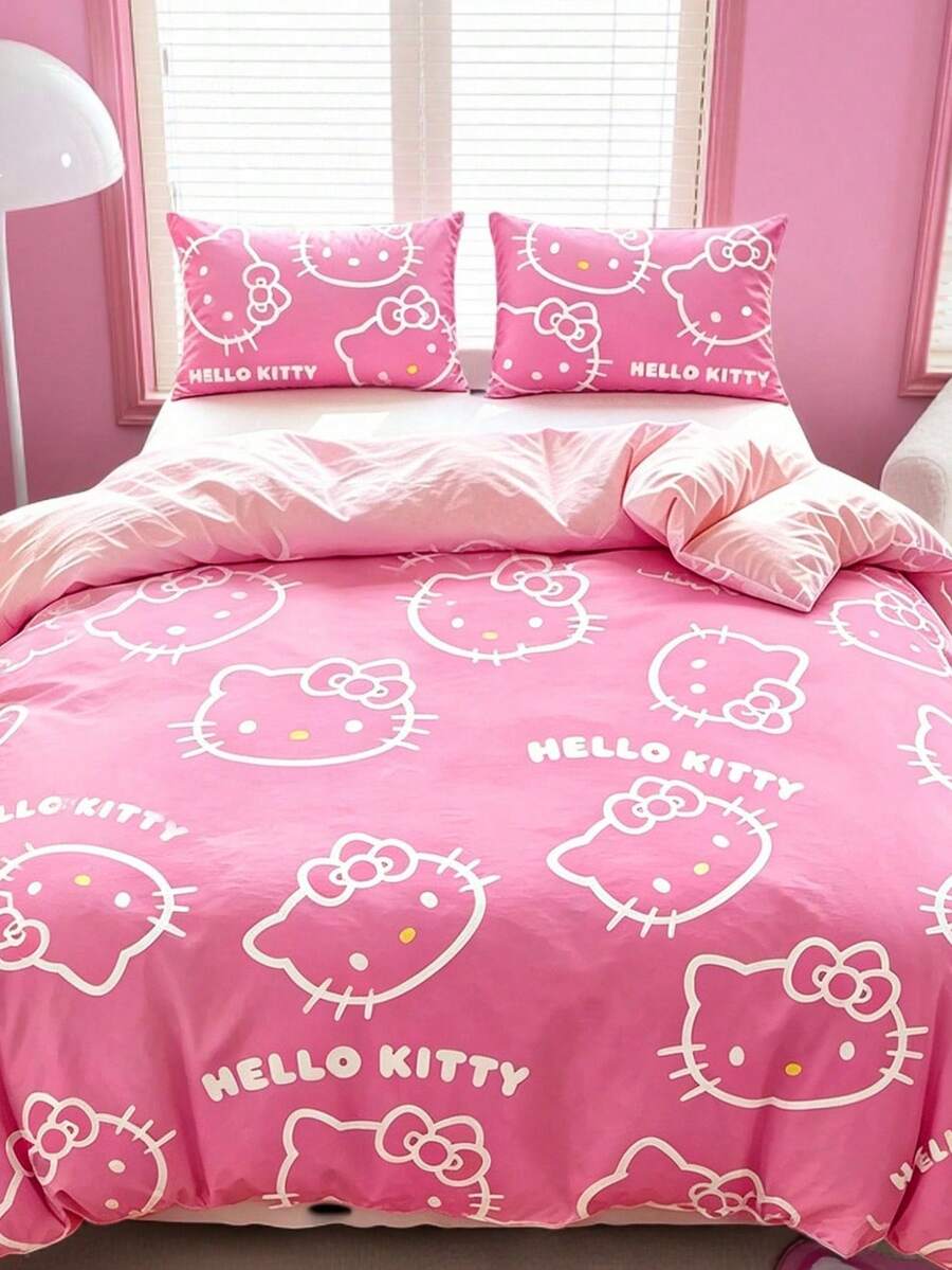 HELLO KITTY AND FRIENDS | SHEIN 3件組可愛卡通印花被套組,磨毛材質,柔軟保暖,多尺寸可選,適用單人床/雙人床/加大雙人床/特大床 - 深粉色 - 查看 1