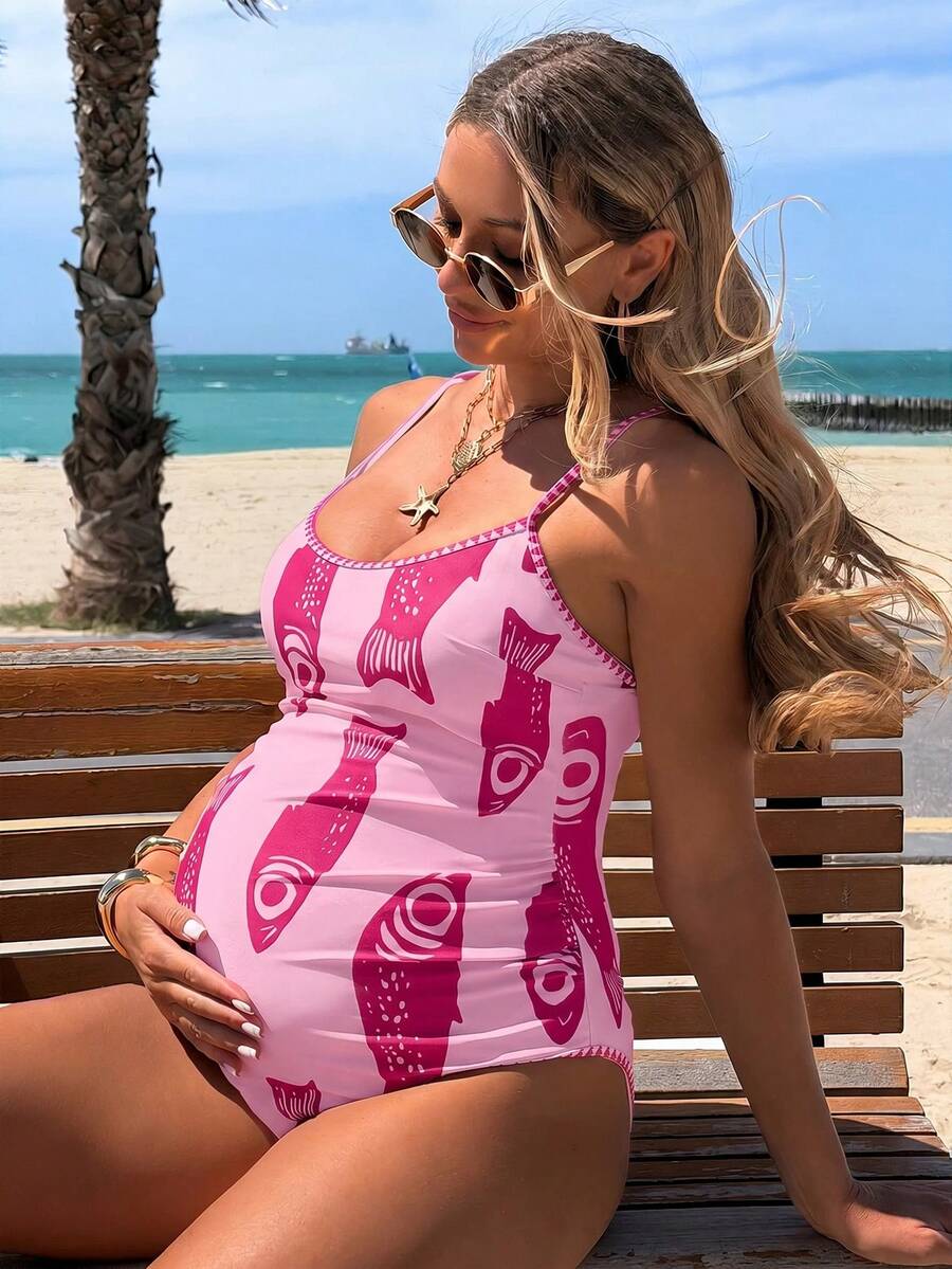 SHEIN 孕婦魚紋細肩帶連身泳衣,適合海灘度假、泳池派對、海灘派對 - 粉色 - 查看 1