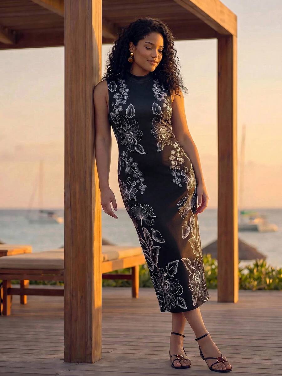 CAJUNI Plus Size Women's Floral Print Fashionable Elegant Vacation Dress - Black and White - View 1