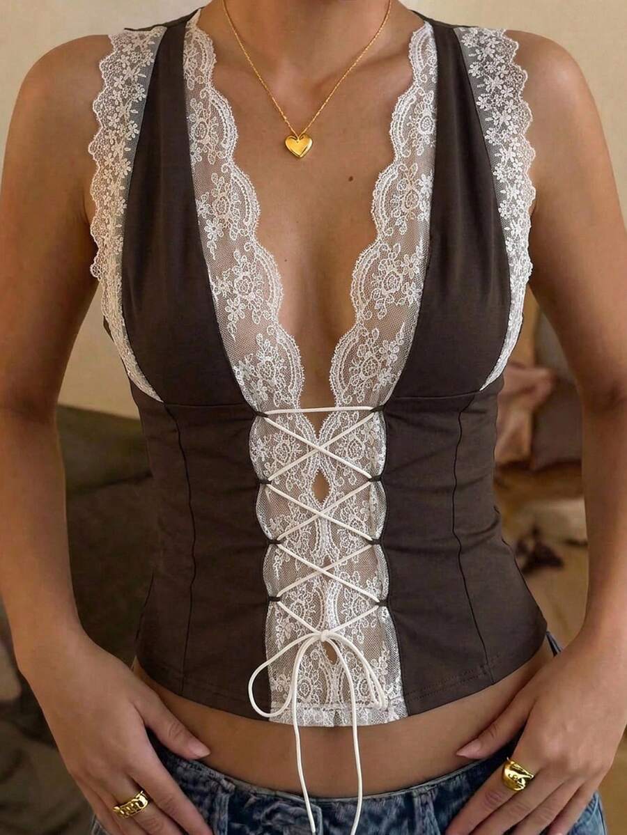 Aloruh Women's Y2K Deep V Sexy Hot Girl Lace Patchwork Sleeveless Slim Fit Pullover T-Shirt With Color Block Lace Patchwork Top - Coffee Brown - View 1
