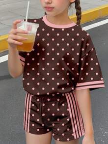 少女棕色波點時尚款，少女休閒可愛極簡短袖T恤短褲兩件套，適合夏季度假 - 彩色 - 查看 3
