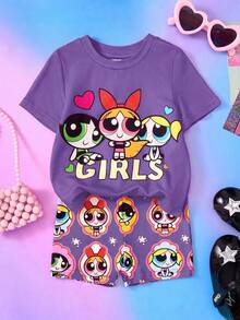 THE POWERPUFF GIRLS X SHEIN Baby Girl Cute Sweet Cartoon Print T-Shirt And Shorts 2-Piece Set Suitable For Spring And Summer - Purple - View 1