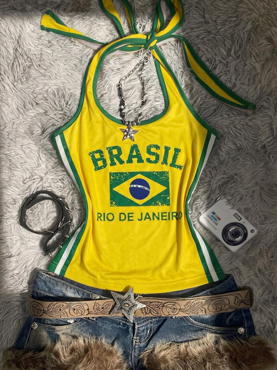 IslaSuriya 女款 Y2K 撞色掛脖「BRASIL」背心,巴西風撞色上衣,賽事日穿搭 - 彩色 - 查看 1