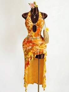Zestiva Summer Backless Halter Floral Dress,Orange Yellow Boho Holiday Vacation,Elegant Deep V Neck Hollow Out Ruffle Asymmetric Hem Beach Party Dresses - Orange - View 1