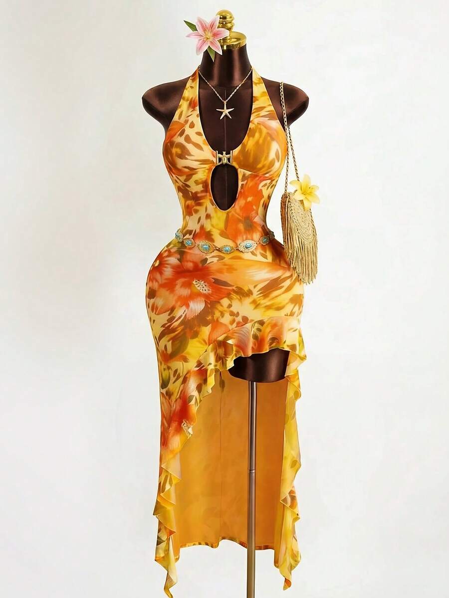 Zestiva Summer Backless Halter Floral Dress,Orange Yellow Boho Holiday Vacation,Elegant Deep V Neck Hollow Out Ruffle Asymmetric Hem Beach Party Dresses - Orange - View 1