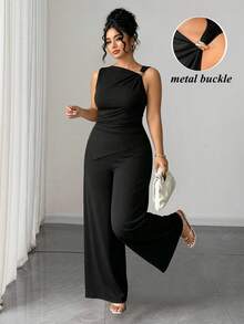Elenzga Plus Size Women's New Black Sleeveless Asymmetric Shoulder Decor Button Waist Ruched Top And Wide Leg Pants Casual Versatile 2-Piece Set - Black - View 10