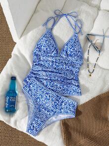 Swim Vcay Swim Lushoire 女款兩件式隨機花卉與條紋衝浪背心比基尼泳衣，附飾邊細節，花卉與條紋拼接高腰三角泳褲，春季度假泳裝套裝 - 彩色 - 查看 6