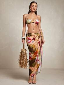 Silquee Summer Beach Vacation Beige Orange Halter Neck Women's Bikini Sarong 3 Pieces Set Tropical - Multicolor - View 3