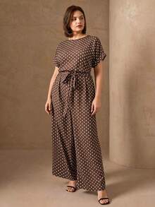 SHEIN Clasi 大尺碼夏季休閒波點印花連身褲 - 鏽棕色 - 查看 4