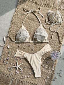 Swim Mod 2-Piece Set Spring/Summer Vacation Solid Color Woven Pearl Shell Decor Triangle Cup Bra And Side-Tie Ruched Bikini Bottom Sexy Women's Swimwear Set - Apricot - View 3