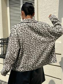 Dazy Plus Jaket Denim Lengan Panjang Kasual Longgar Bergaya Jalanan Motif Leopard Ukuran Plus untuk Wanita, Model Blogger Musim Semi/Gugur, Warna Beige untuk Acara Formal Makan Siang. - Grey - View 2