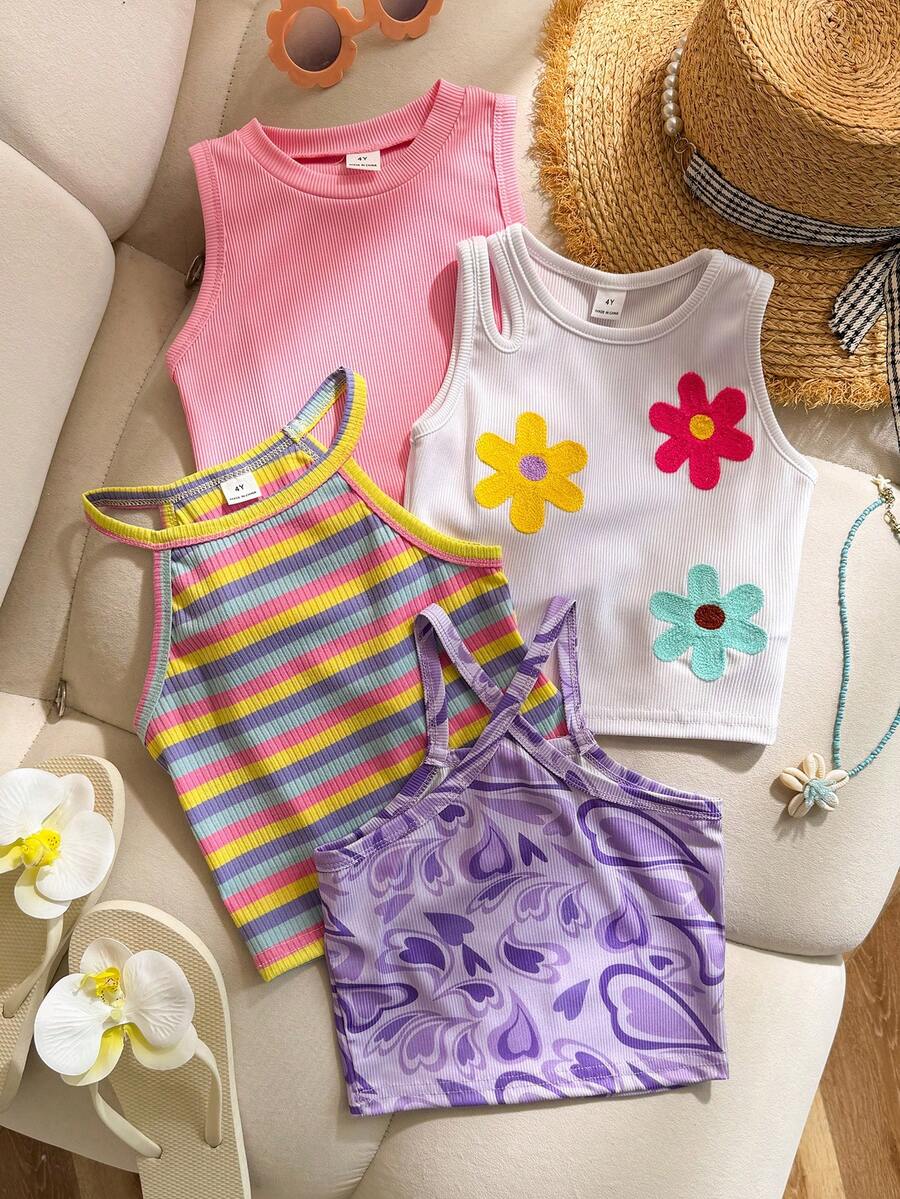 SHEIN Genkimix Kids 4件/組 女童青少年時尚簡約彩色條紋貼身背心、紫色心形交叉領貼身背心、粉色與白色無袖貼身背心套裝 - 彩色 - 查看 1