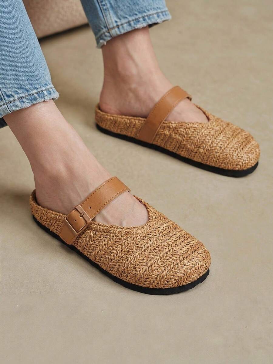 Solecia Women's Slip-On Thick Soled Mule Loafers, Casual Spring/Autumn Shoes For Christmas - Weaving grass brown - View 1