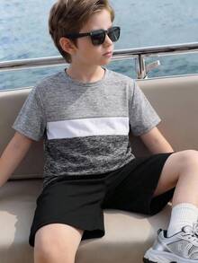 SHEIN 春夏休闲时尚创意个性清新简约撞色短款T恤，舒适男童日常穿着，温暖夏秋皆宜。 - 彩色 - 查看 6