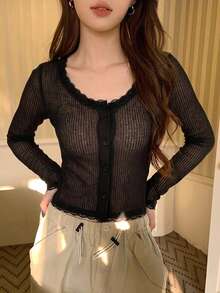 DAZY 女款秋季長袖黑色蕾絲飾邊拼接休閒短版開襟上衣 - 黑色 - 查看 6