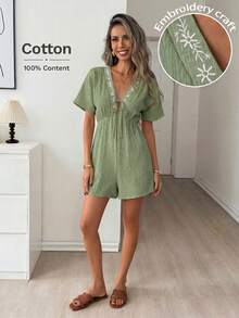 Easowa V-Neck Wide Shoulder One-Piece Sleeve Neckline Tie Bow Blue And White Porcelain Floral Embroidery High Waistline Doll Style Romper 100% Pure Cotton Traceable Cotton Double Layer Crepe Texture Fabric Casual Relaxed Elegant Commute Old Money Style Vacation Spring Summer Women's Jumpsuit - Green - View 2