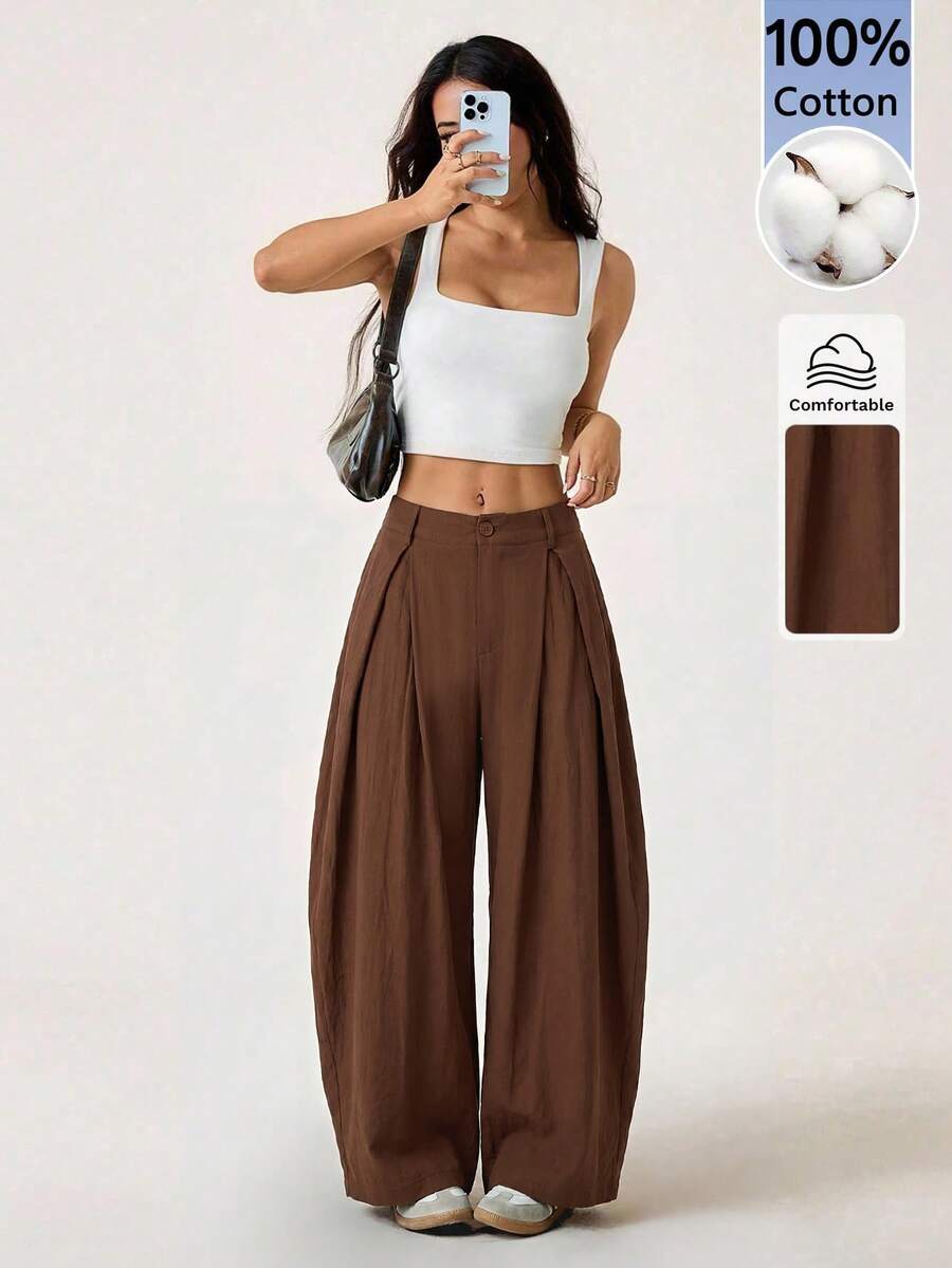 SHEIN PETITE 女款純色時尚寬鬆休閒長褲 - 棕色 - 查看 1