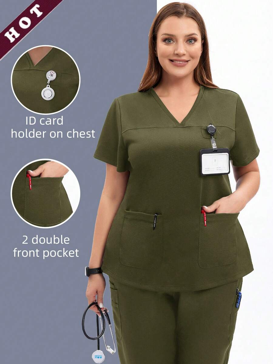 TaskEZ Scrub Tops For Women - Sweetheart V-Neck Scrub Top ,Women Short Sleeve V-Neck Nurse Uniform - Army Green - View 1