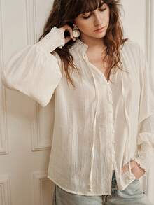Femmeiva Women's Blouse Loose Fit Textured Pleated Ruffle Stand Collar V-Neck Button Up Lantern Sleeve Smocked Cuffs Retro French Elegant Off-White Autumn - Apricot - View 6
