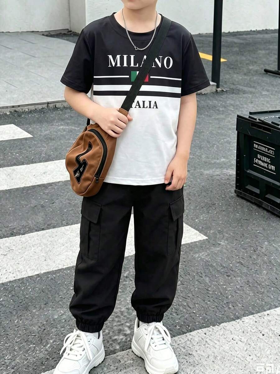小男孩可愛休閒運動恐龍印花短袖T恤與長褲套裝,適合日常外出 - 黑色 - 查看 1