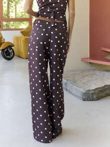 Nöista Polka Dot Wide-Leg Trousers With High Waist For Casual Summer And Vacation Styling - Brown - View 3