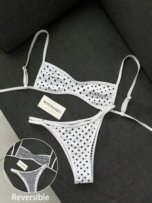 Swim Mod 女款海灘裝復古波點印花條紋印花可正反穿著微型比基尼抹胸式時尚休閒度假性感甜美可愛復古優雅泳衣兩件套 - 黑與白 - 查看 3
