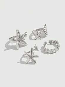 ROMWE Fairycore 4pcs Fashion Ocean Style Rings - Shiny Starfish, Shell, Geometric Metal Rings, Open Ring. Gifts For Women, Daughters, Wives - Silver - Starfish Ring - View 6
