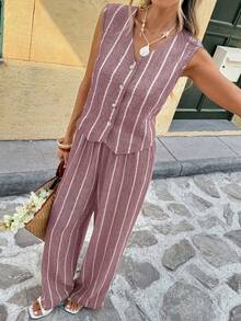 SHEIN Frenchy Women's White Single-Breasted Top And Pants Casual Daily 2 Pieces Set Vacation Summer - Purple - View 7