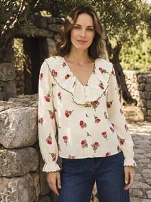 Dayvera Women's Red And White Ruffle V-Neck Long Sleeve Blouse Garden Party Vacation Autumn Tropical - Apricot - View 5