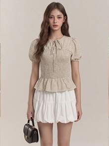 SHEIN Unity Women's Plaid Pleated Casual Versatile Daily Wear Puff Sleeve Top - Apricot - View 1