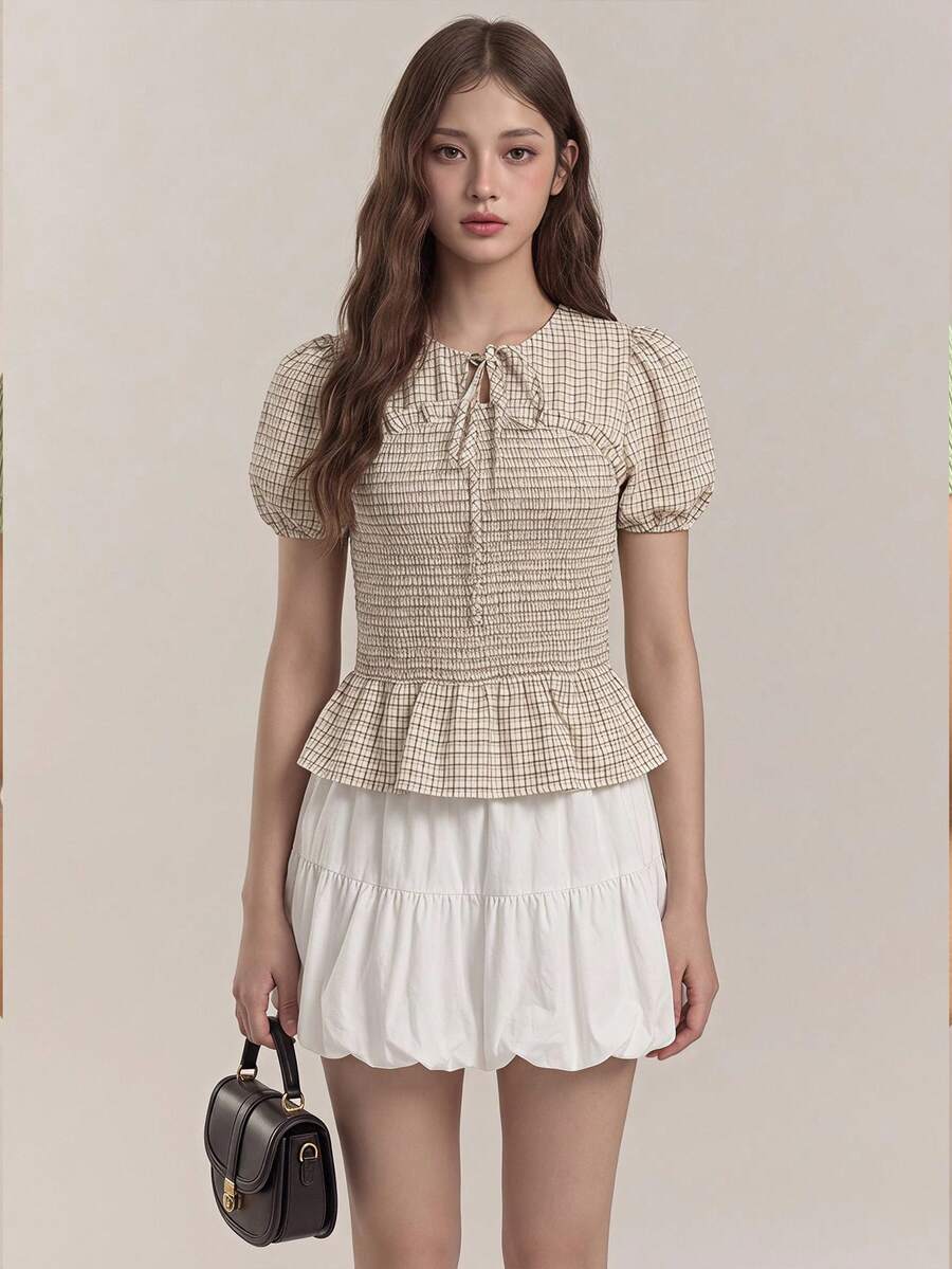 SHEIN Unity Women's Plaid Pleated Casual Versatile Daily Wear Puff Sleeve Top - Apricot - View 1