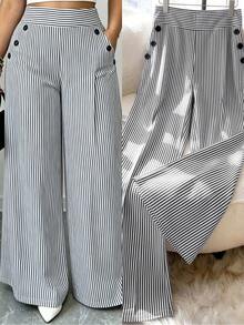GlowEve CURVE Plus Size Women's Grey Striped Fabric Wide Waistband Slant Pocket Black Resin Button Decor Straight Leg Wide Leg Vacation Style Long Pants Fall - Grey - View 1