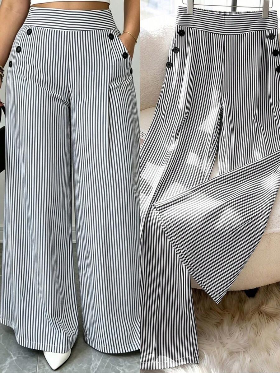 GlowEve CURVE Plus Size Women's Grey Striped Fabric Wide Waistband Slant Pocket Black Resin Button Decor Straight Leg Wide Leg Vacation Style Long Pants Fall - Grey - View 1