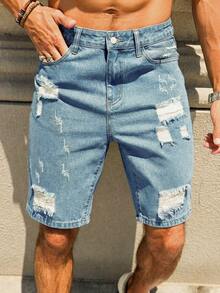 Manfinity Roughcore Men's Street Style Casual Distressed Blue Plus Size Denim Shorts, Holiday - Light Wash - View 1