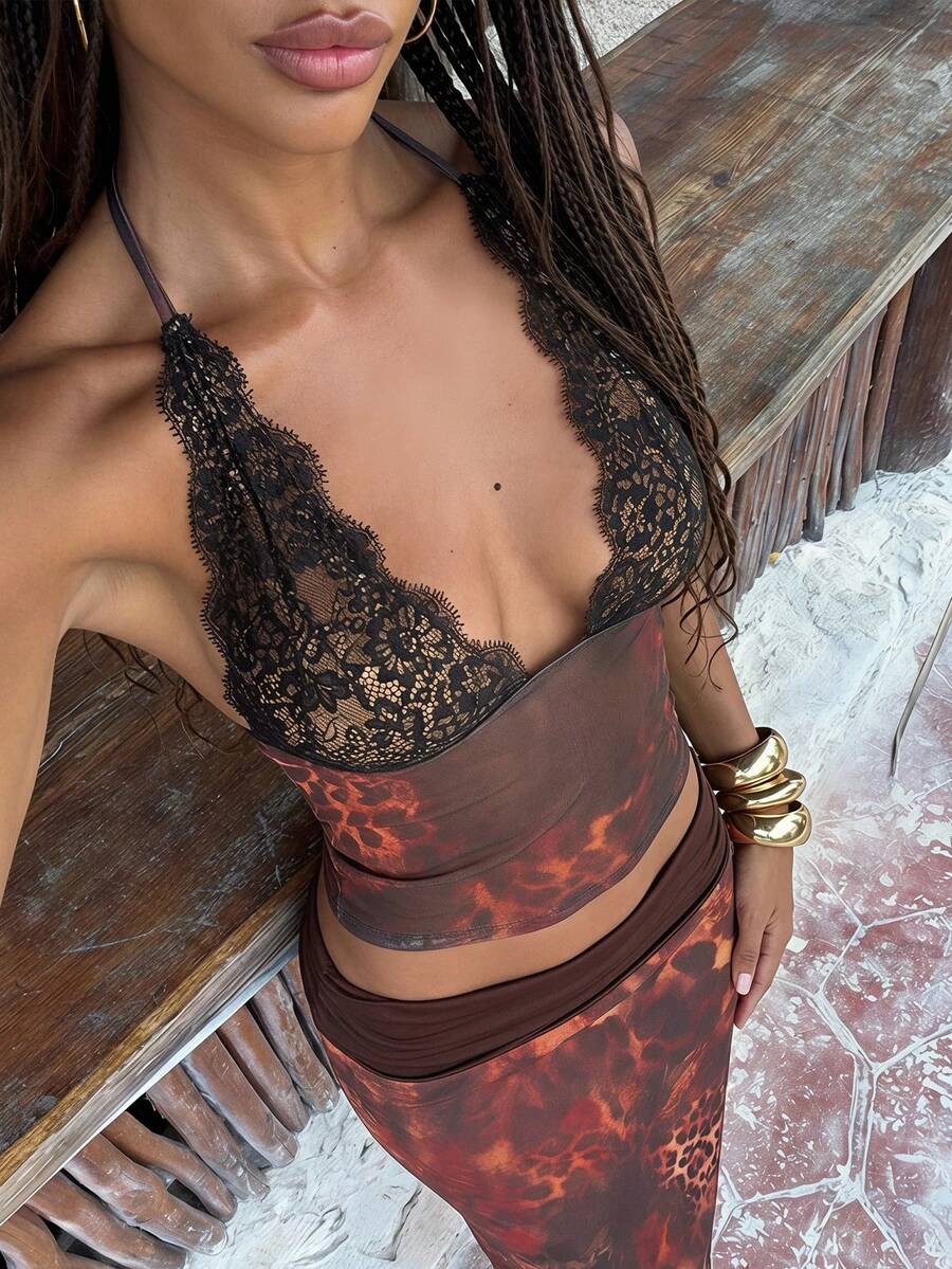 Opulessa Casual Tropical Vacation Knit Mesh Print Halter Backless Tank Top For Women Vacation Brown Summer - Multicolor - View 1