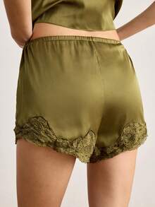 Ocili Celana Piyama Wanita Minimalis Satin Santai dengan Bordir Renda - Hijau - View 3