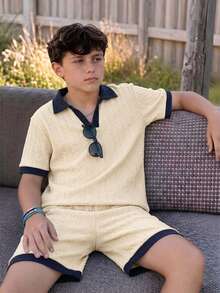 Tween Boys' Summer Beige & Navy Casual Jacquard Short Sleeve Top And Shorts Set,Loose Fit,Suitable For School,Back-To-School,Outdoor Play & Outings - Apricot - View 3