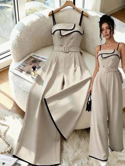 SHEIN Raffinéa جمبسوت نسائية أنيقة وعصرية بتصميم كتل اللون الخاكي بدون أكمام وساق واسعة، مناسبة للعمل والارتداء اليومي في الصيف