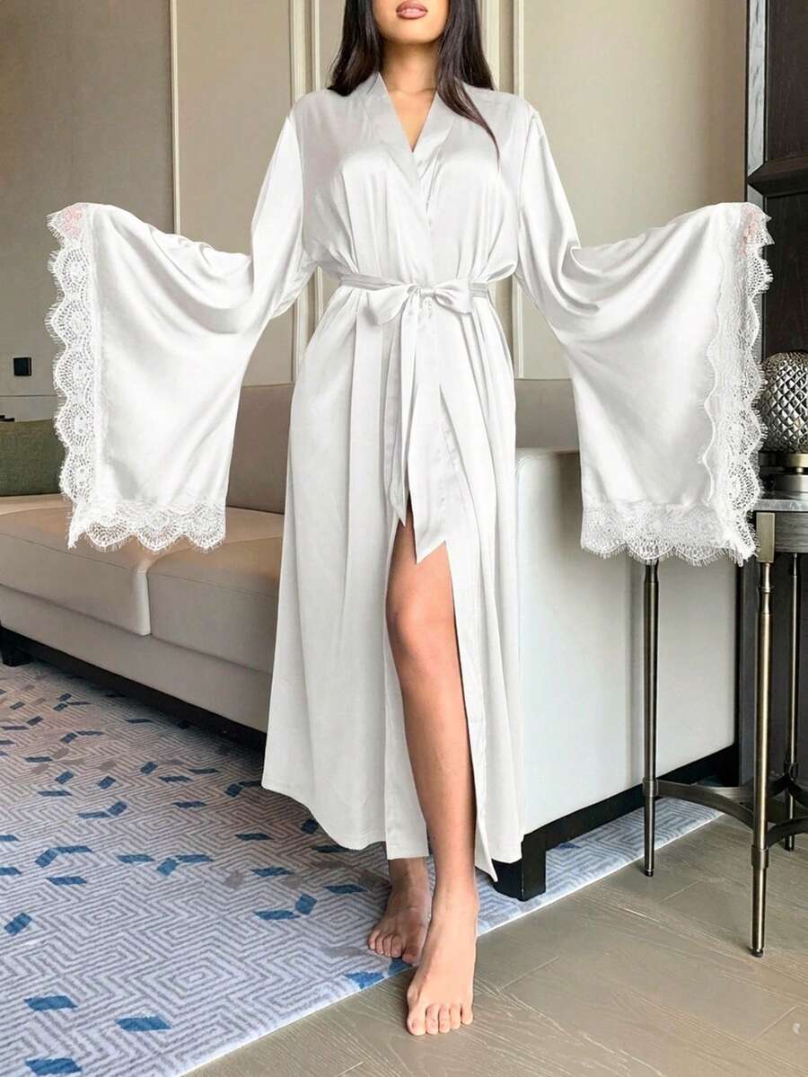 DAZY Charming Bell Sleeve Satin Lace Patchwork Long Women's Nightgown - White - View 1