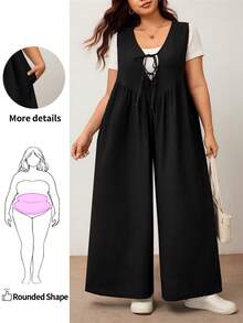 Enliva Mono de pierna ancha para mujer talla grande con lazo delantero y bolsillos, corte holgado, compatible con la figura redondeada tipo manzana - Negro - Ver 1