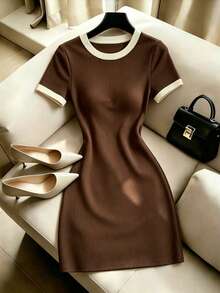Selianne Gentle Elegant Brown Color Block Round Neck Short Sleeve Knit Bodycon Slimming Ribbed Mini Dress, Simple Versatile Commuter Hot Girl Style Dress - Multicolor - View 4