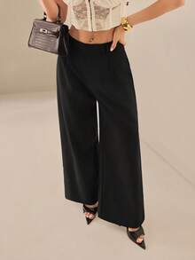 SHEIN PETITE Women's Solid Color Casual Versatile Wide Leg Pants For Daily Wear ,Petite Women - Black - View 3