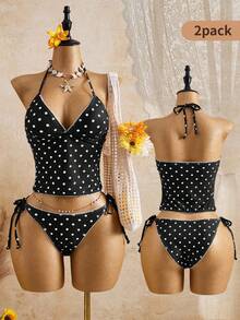 Swim Mod Summer Sweet Cherry Plaid Tank Bikini Set - Black and White - View 9