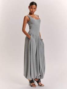 SHEIN BAE Women's Casual Commute Square Round Neck Minimalist Lantern Ruched Grey Marled Lantern Jumpsuit, Suitable For Casual Commute, Daily Wear, Casual Outing, Grey Lantern Pants, Grey Marled Lantern Pants - Grey - View 5