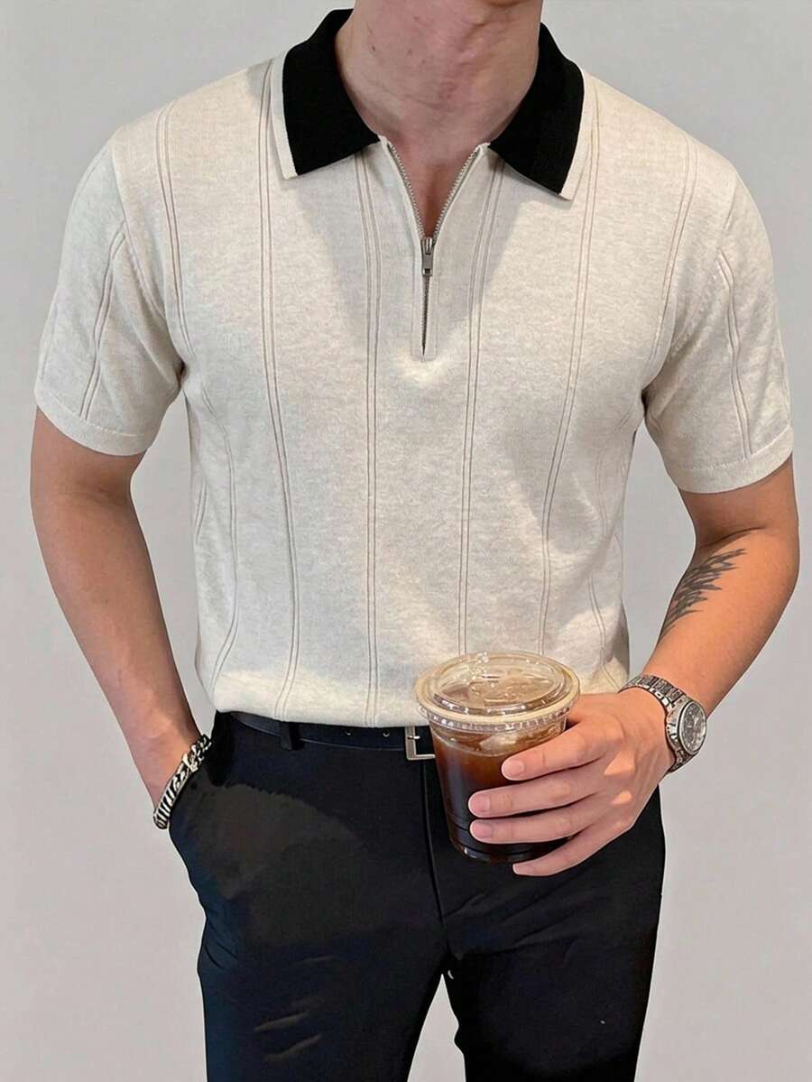 DAZY 男士短袖對比領米色針織上衣 夏季 - 米色 - 查看 1