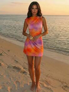 Aloruh New Vacation Style Orange And Pink Gradient Print Metal Decor Ruched Umbrella Hem Cap Sleeve Mini Dress French Club Summer Sexy - Orange - View 1