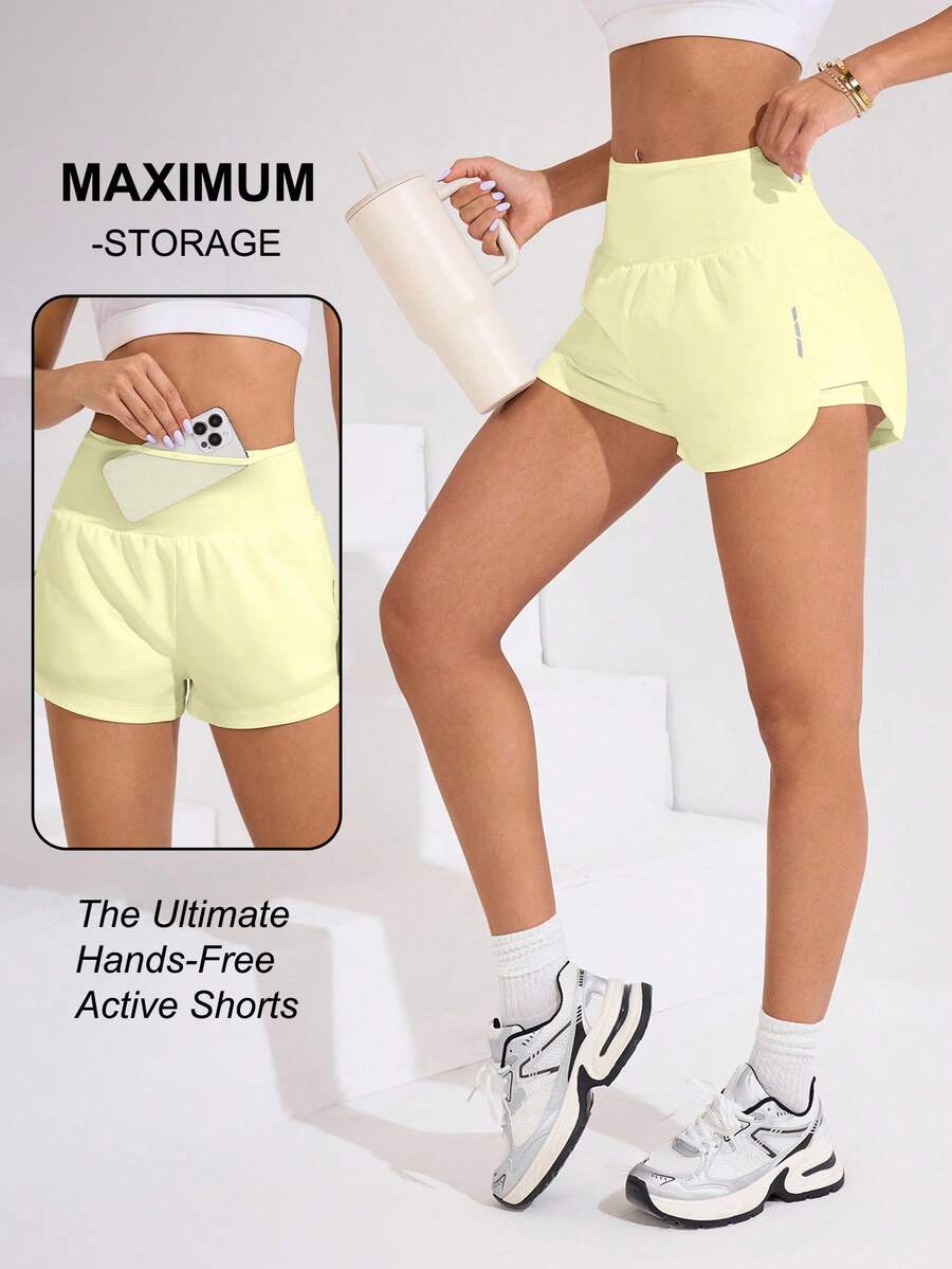 SHEIN Sovereign Charm 女款腰部口袋設計運動短褲 - Butter Yellow - 查看 1
