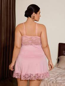 Slumberist Plus Size Women's Light Pink Lace Patchwork Shiny Satin Nightgown Mid-Length Robe 2-Piece Set With Waist Tie, Loungewear Night Autumn - Pink - View 5